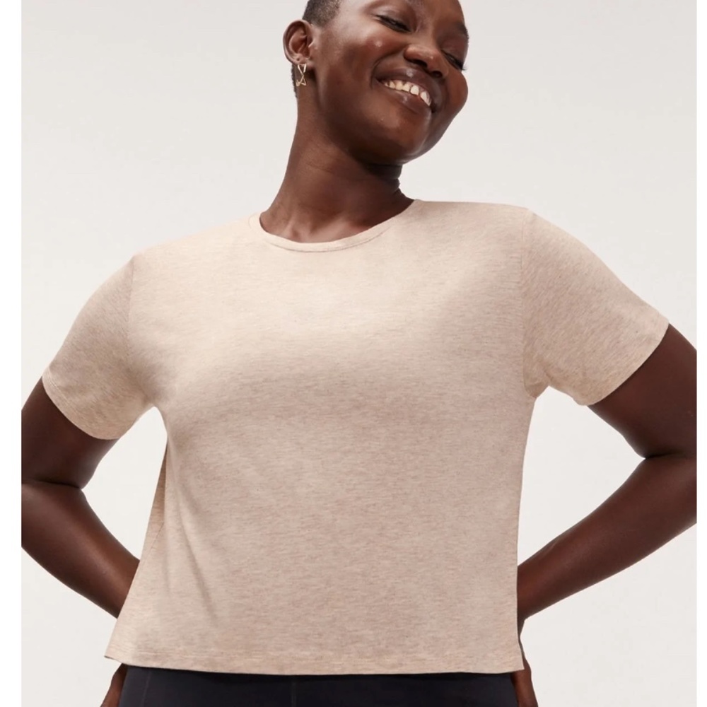 Girlfriend Collective Cupro Crop Tee in Dune (size M)